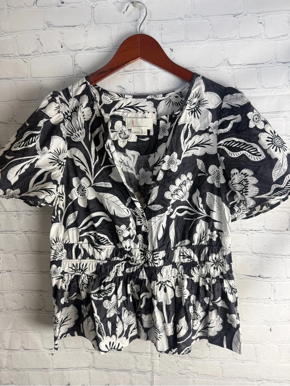 Anthropologie Black & White Floral Peplum Blouse